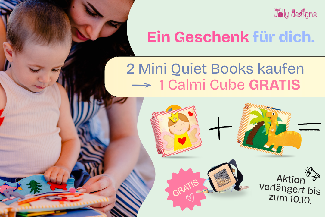 Wähle 2 Mini Quiet Books – dein Calmi Cube ist gratis.